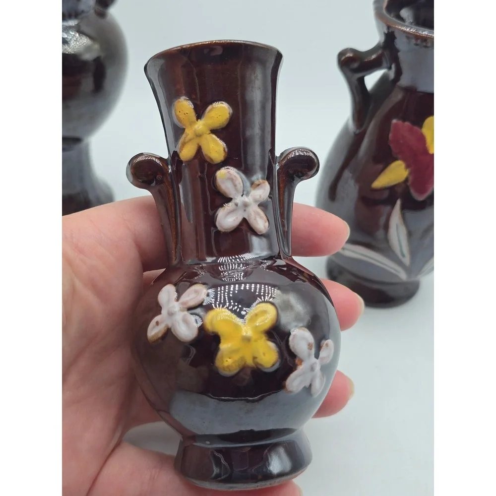 Vintage MCM Japan Miniature Bud Vase Set of 3 Dark Brown Floral Pottery 4